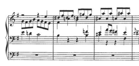 The "wedge" theme of Bach's Fugue in E Minor -- note the upper clef in the second and third measures shown.